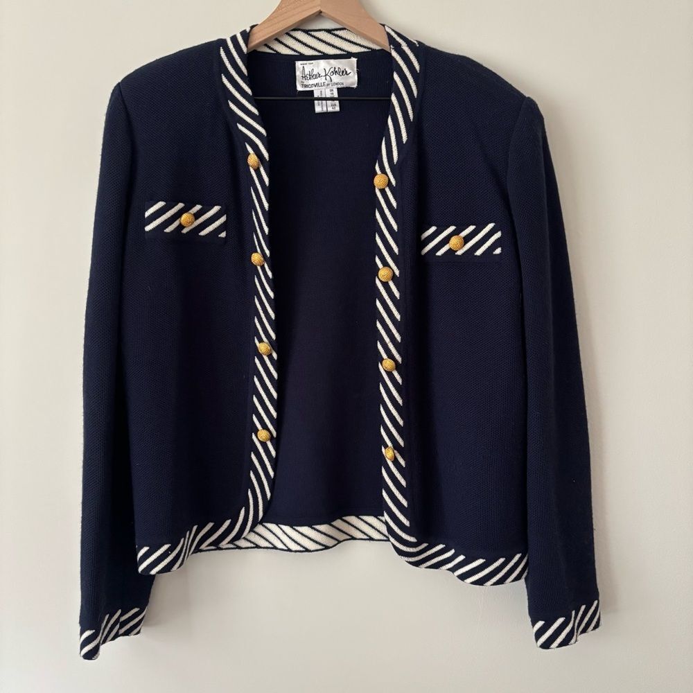 Vintage Tricoville 14 Navy White Striped Open Cardigan Gold Button Detail